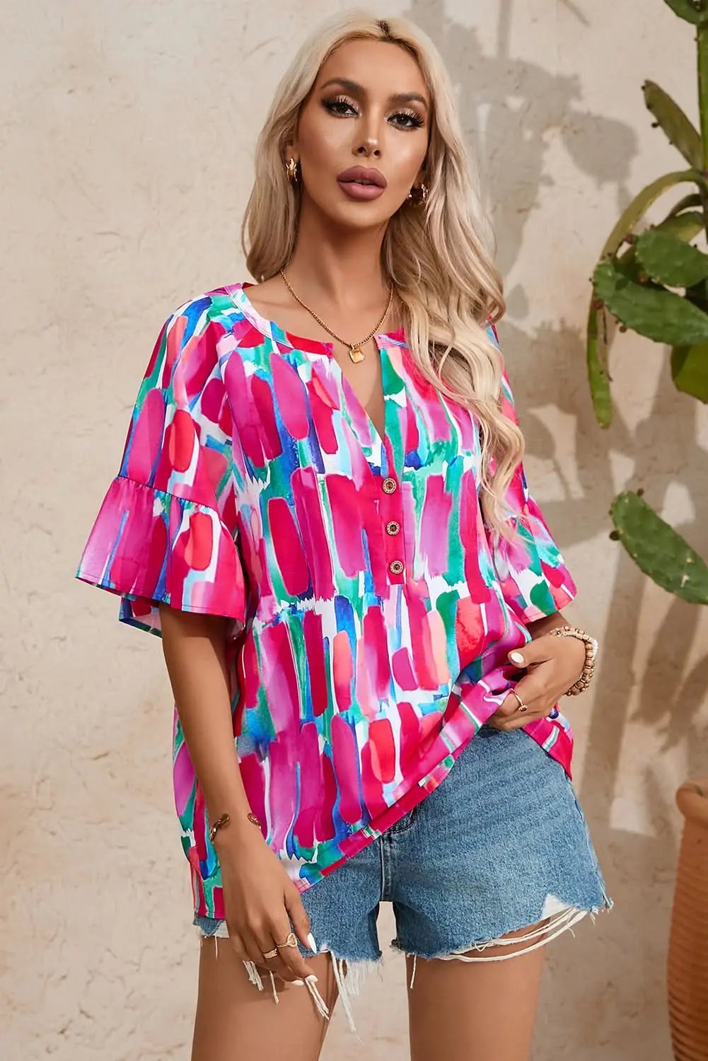 Rose Abstract Brushwork Print Buttoned V Neck Blouse - Love Salve